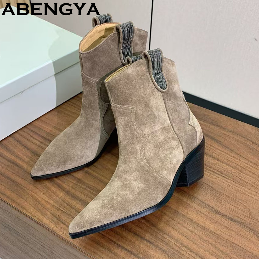 Chelsea Boots Suede - Platz Heels Western Cowboy Stiefel Frauen