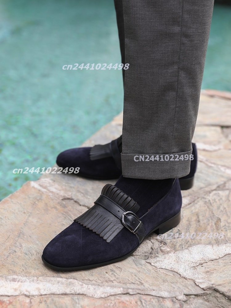 Men'S Shoes Navy Blue - Marineblaue Wildleder-Loafer mit Quastenverzierung, Metallschnalle, Slip-On,