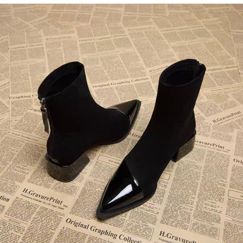 Chelsea Boots Suede - Damen-Stiefeletten mit klobigem Mittelabsatz, Wildlederschuhe, spitz