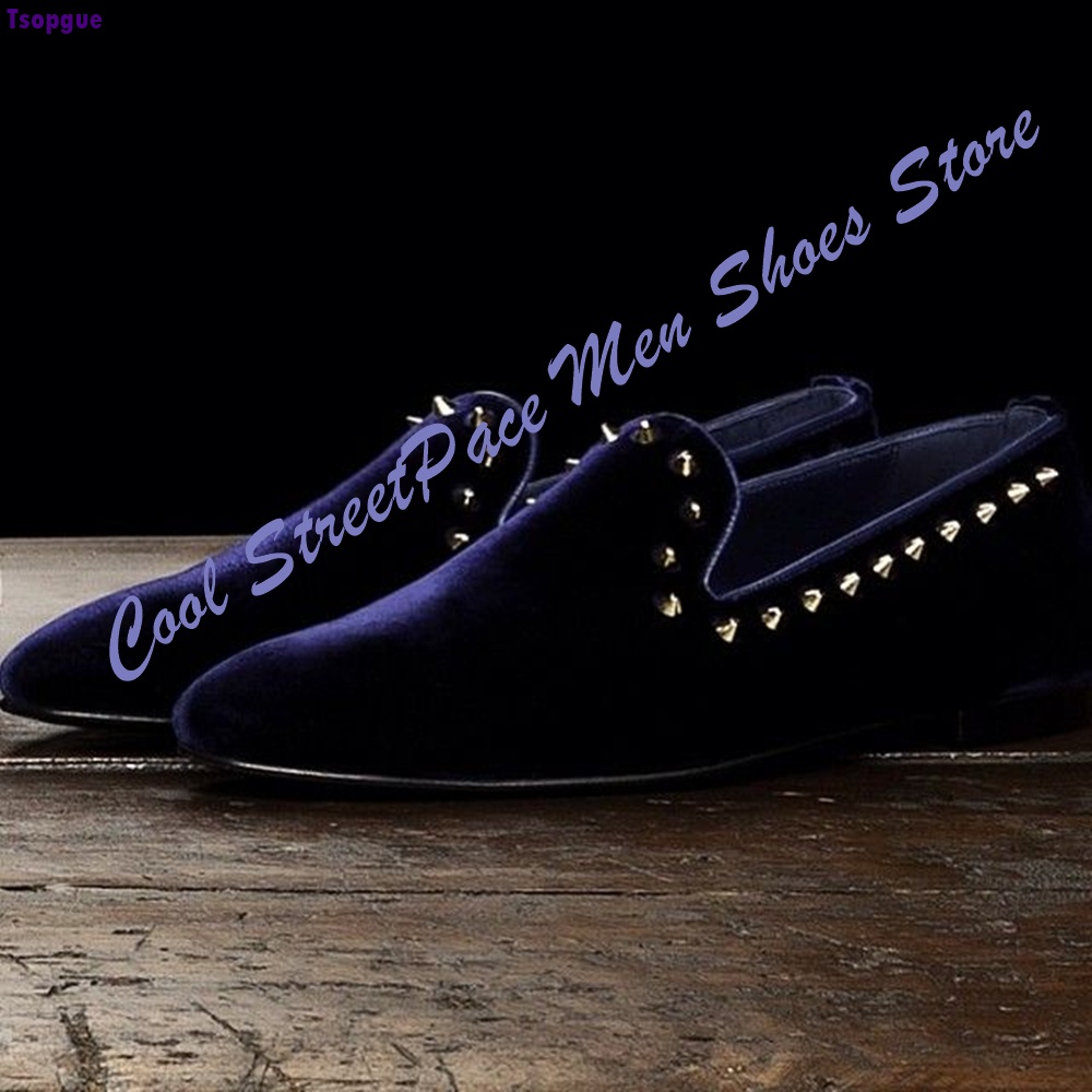 Men'S Shoes Navy Blue - Herren Marineblaue Samt-Loafer mit Nieten, Runde