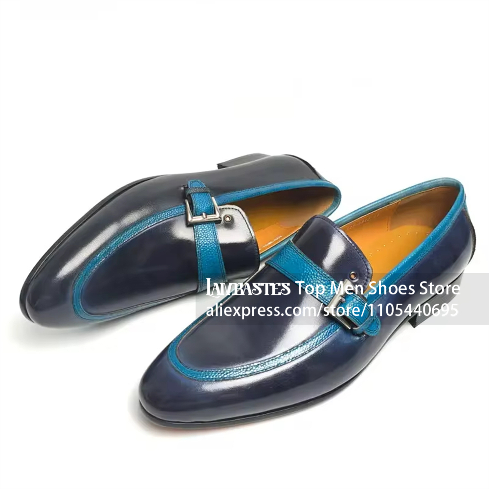 Men'S Shoes Navy Blue - Marineblaue Penny Loafers mit Kontrast-Schnalle, Mandelförmige