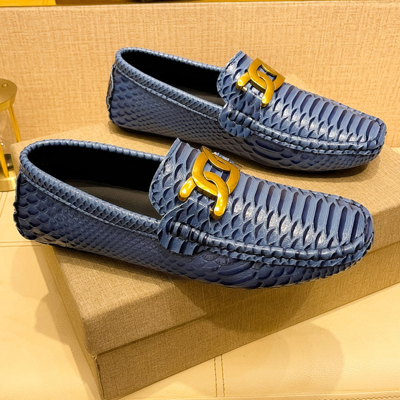 Men'S Shoes Navy Blue - Marineblaue Loafer mit Schlangenmuster für Herren,