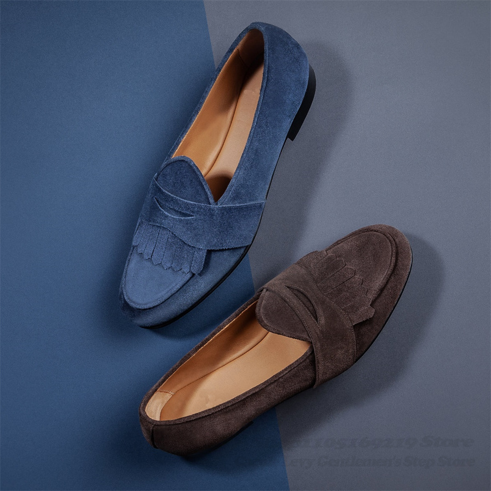 Men'S Shoes Navy Blue - Marineblaue Wildleder-Loafer für Herren, runde Zehenpartie,