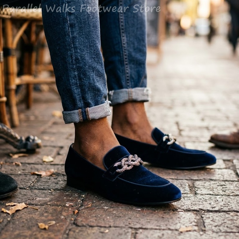 Men'S Shoes Navy Blue - Sartorial Herren-Loafer, marineblauer Samt, Strass-Metallschnalle, Slipper